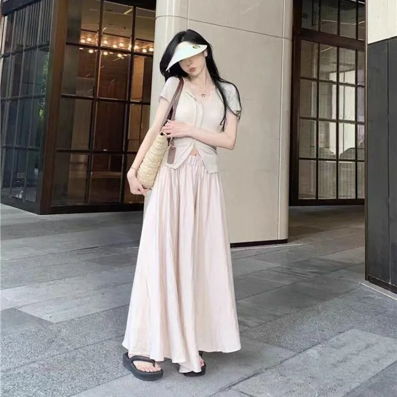 Pant Sets Pure Slit V-neck Short-sleeved T-shirts Wide-leg Trousers Casual 2pcs Sweet Spicy Girls Daily Streetwear Summer Cozy