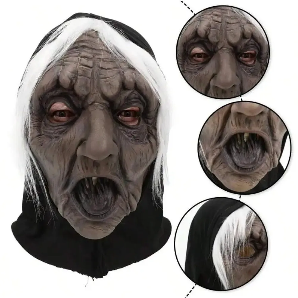 

Black Tongue Halloween Ghost Witch Mask Latex Non-toxic White-haired Witch Mask 3D Realistic Party Cosplay Props Carnival