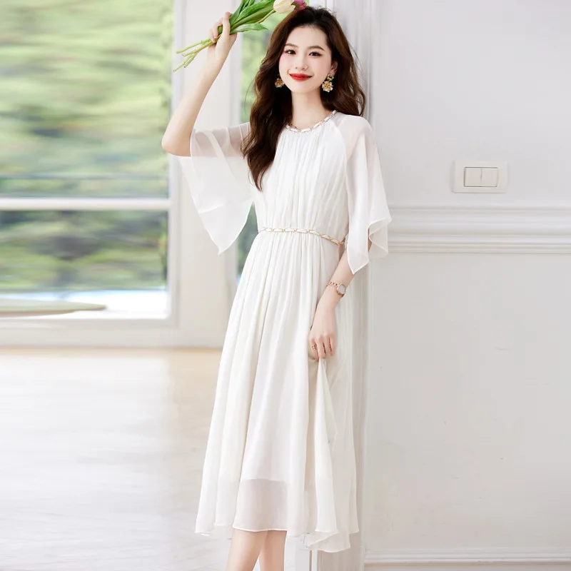 Round neck elegant elegant all-match fashion silk dress