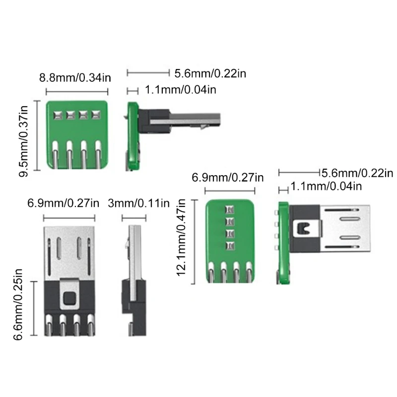 Conector USB 2,0 USB 4 pines/Tipo C 5 pines Puerto 90 grados soldadura USB reparación adaptador repuesto placa circuito