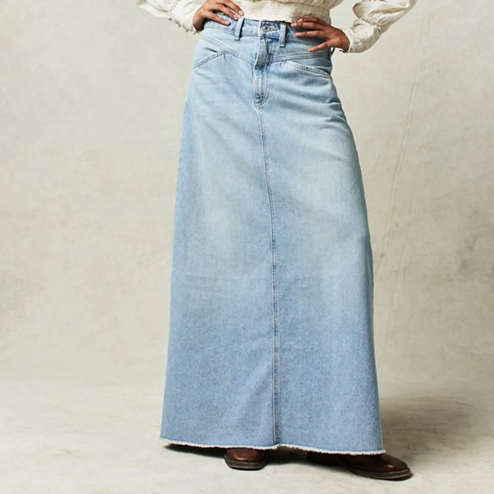 Women Vintage Denim Skirt High Waist A Line Long Wrap Hip Skirt With Button Trend Streetwear Woman Casual Comfty Clothing