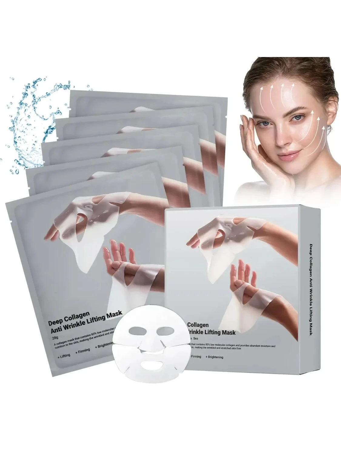 Masque liftant anti-rides au collagène profond Masque facial au collagène pendant la nuit, masque au collagène profond pour soulever, raffermissant, hydratant (paquet de 5)