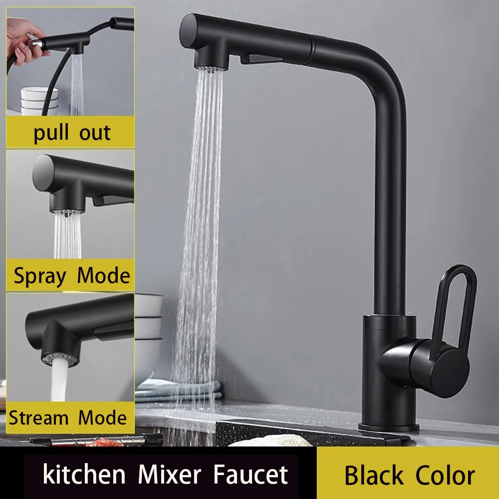 

Kitchen Sink Mixer Faucets Stainless Steel Material 60 Cm Hose Pull Down Black And Chrome Color 360 Rotation Single Handle