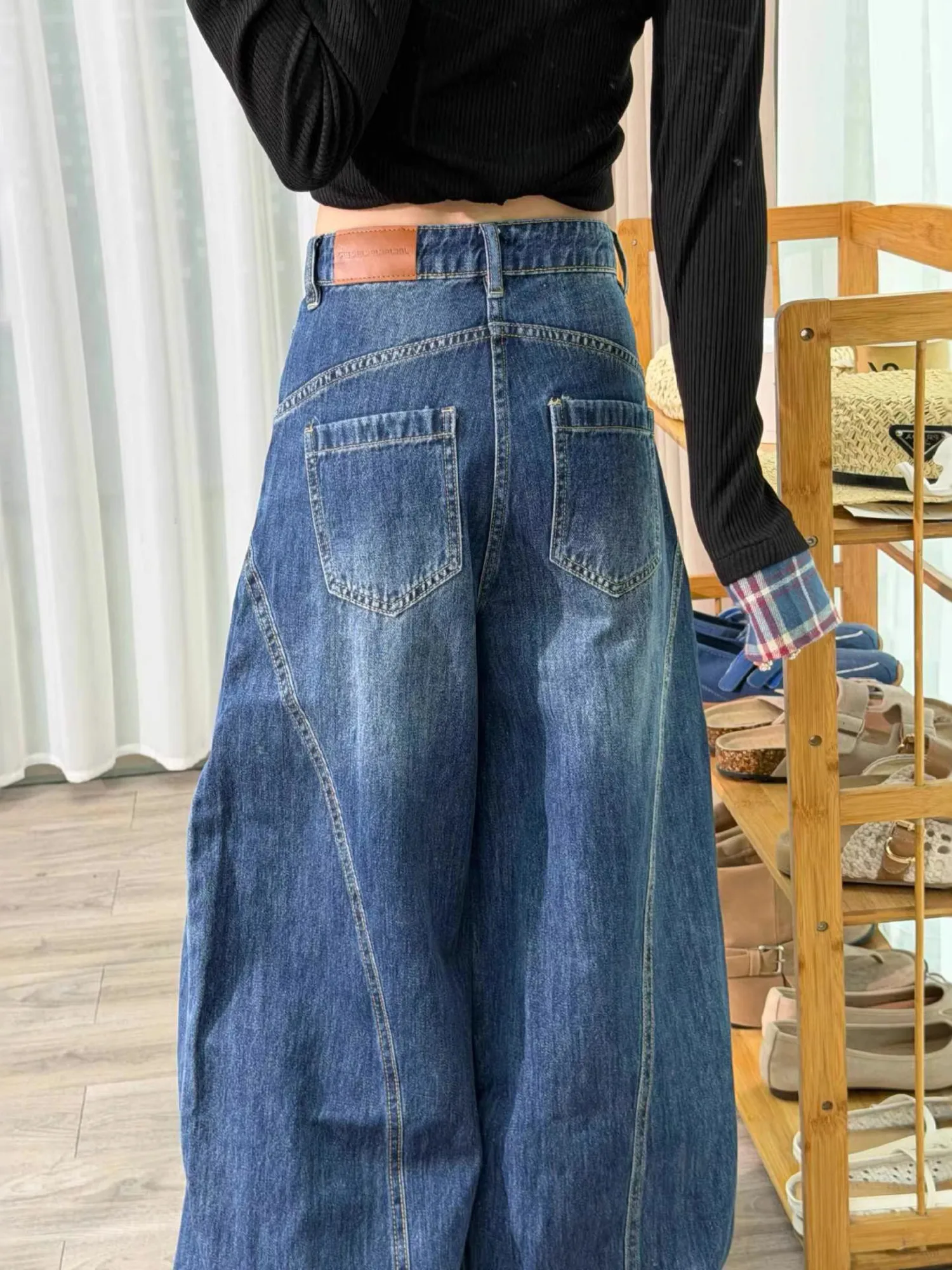 Women's Deep Blue Baggy Jeans High Waisted Wide Leg Denim Pants Y2K Vintage Wash with Unique Paneled Seam Detail