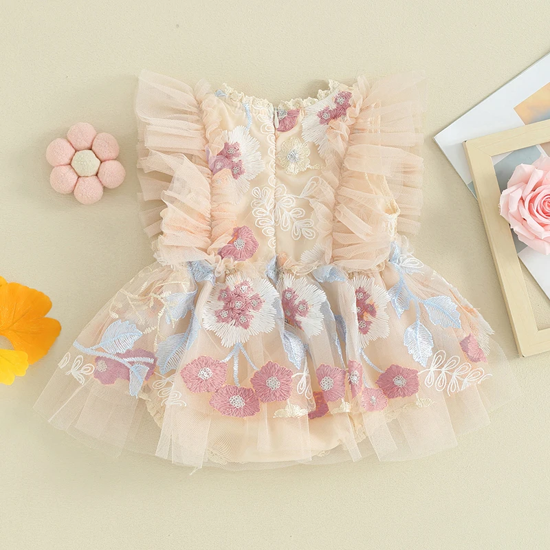 

Комбинезон без рукавов для маленьких девочек, платье с рюшами по подолу и вышитыми цветочными деталями, детское боди с круглым вырезом на лето