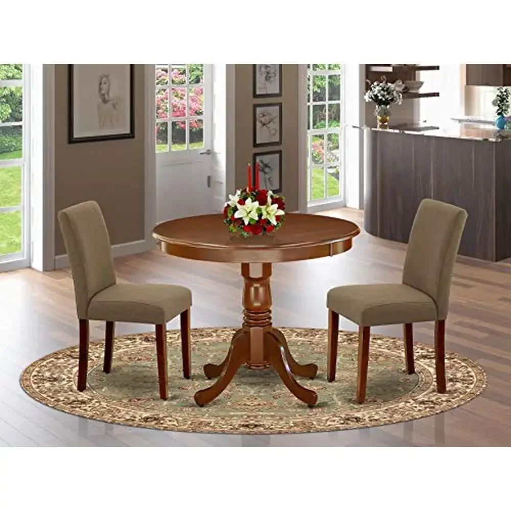 Juego de comedor de cocina de madera moderno de 3 piezas con mesa redonda y 2 sillas Parsons asiento de tela de construcción de caoba maciza elegante