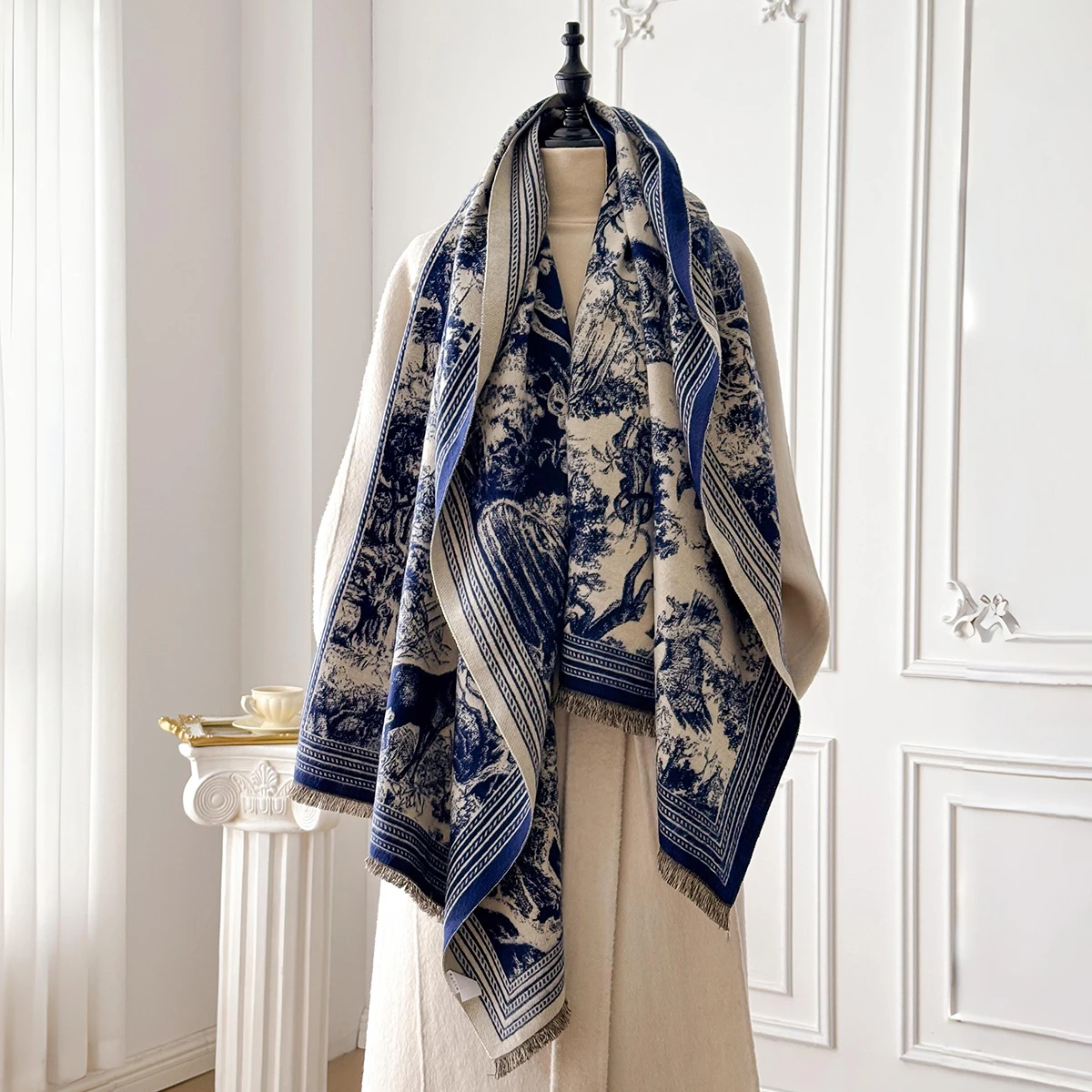 Elegant Animal Jacquard Pashmina Shawl for Women Winter Thick Warm Scarves Double Sided Design Coldproof Windproof Blanket Scarf