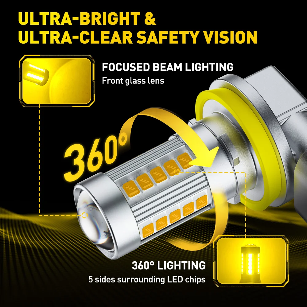 2Pcs Spotlight H8 H11 LED 9006 HB4 Yellow/White Fog Lamp Projector Lens Bulbs Kit For Honda Nissan VW Canbus Super Bright 12V