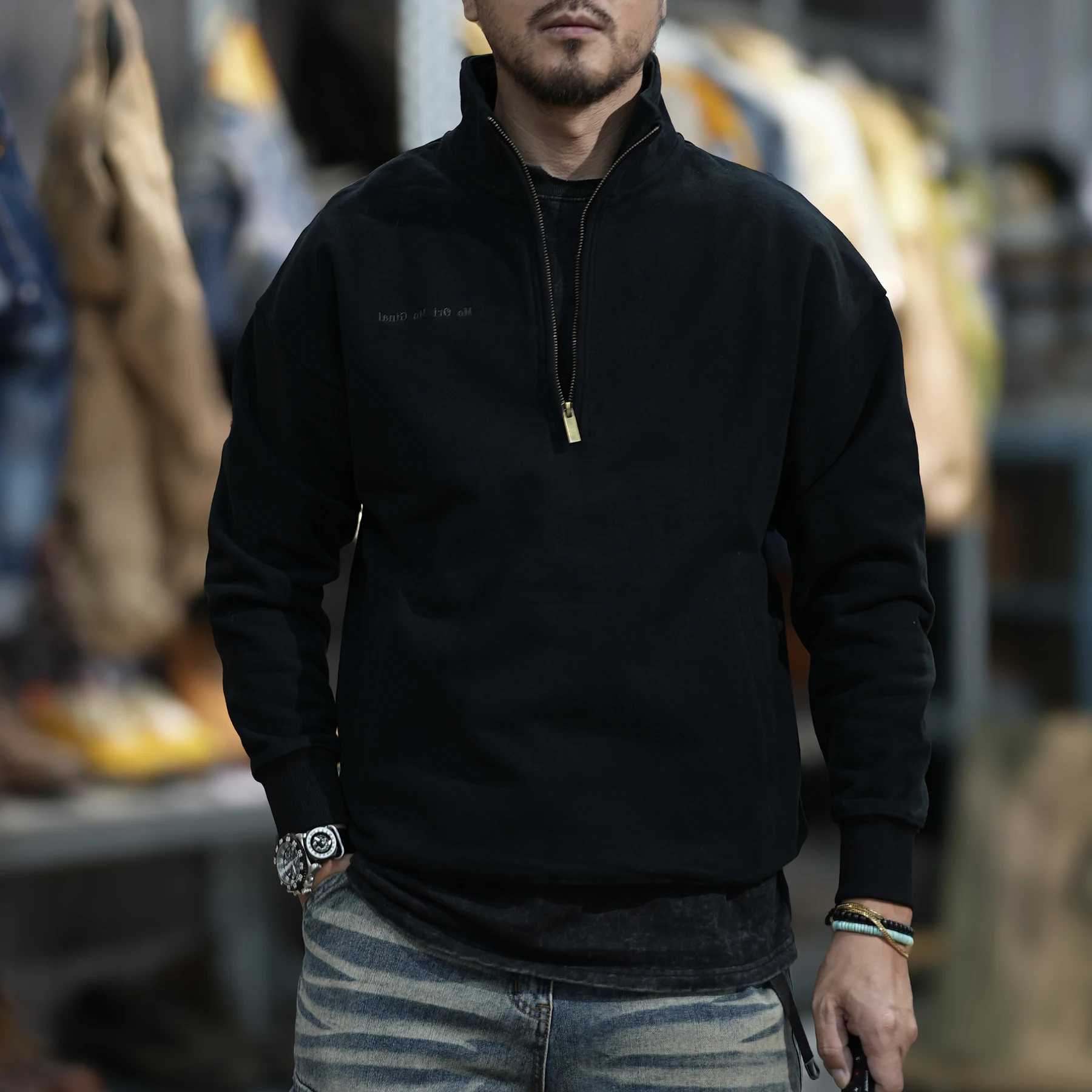 Marchio di moda autunno inverno spesso americano retrò felpa con cappuccio da uomo sciolto tendenza collo alto cerniera pullover giacca retrò casual