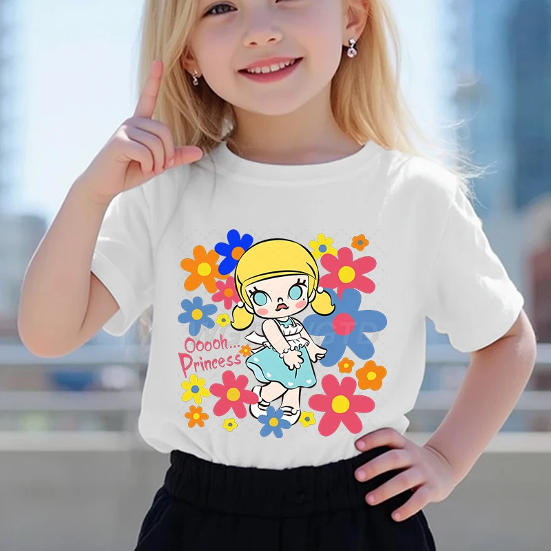 

Cartoon Kids Clothes Molly Pop Mart Figurine Print T Shirt Toddler Girl Cotton Summer Tops Crew Neck Cute Flower Molly T-shirt