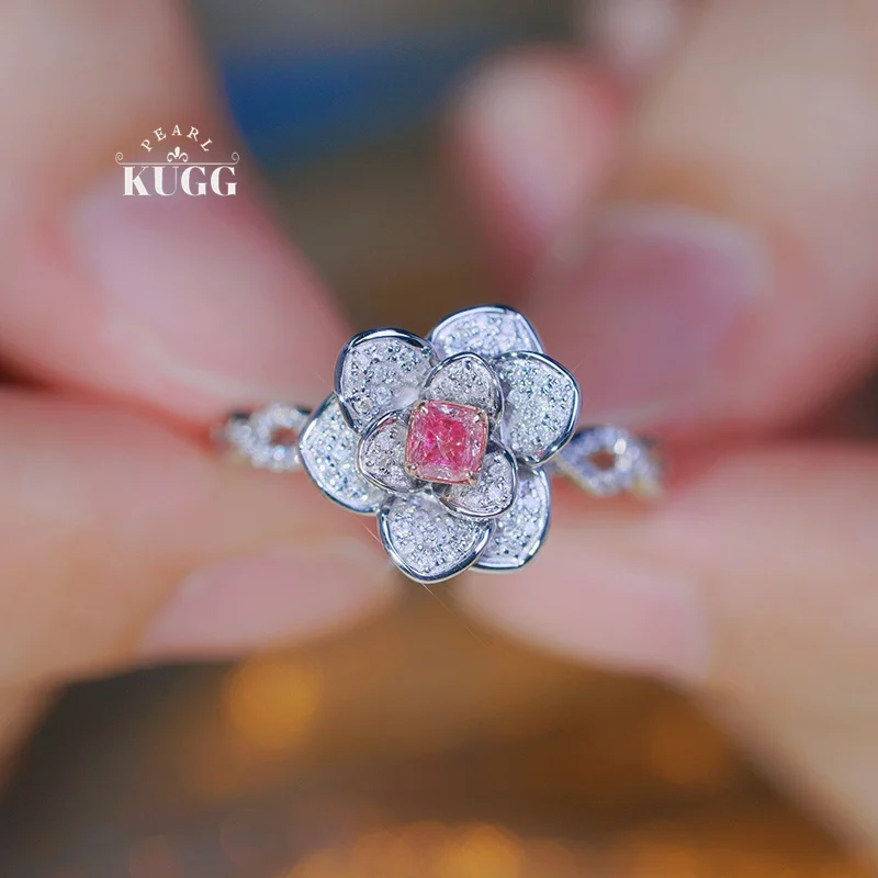 KUGG 100% 18K White Gold Rings Romantic Flower Shape Real Natural Pink Diamond Engagement Ring for Women High Party Jewelry