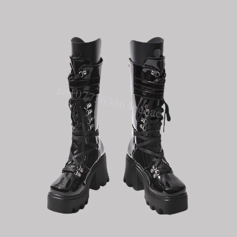 Buckle Belt Decor Cross Tied Boot Punk Style Patent Leather Shoes for Women Muffin Bottom Fashion Shoes 2024 Zapatos Para Mujere