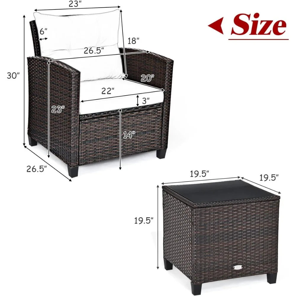 Ensemble de meubles de patio 3 pièces, ensemble de canapé d'extérieur 3 pièces en osier rotin PE avec coussin lavable et plateau en verre trempé