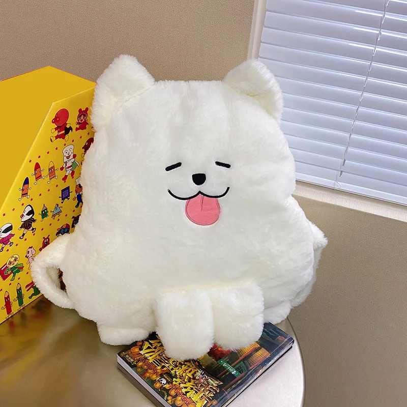 Mochila japonesa para mujer, bonita mochila de perro de peluche blanco gordo, mochila escolar para muñeca de dibujos animados para niña