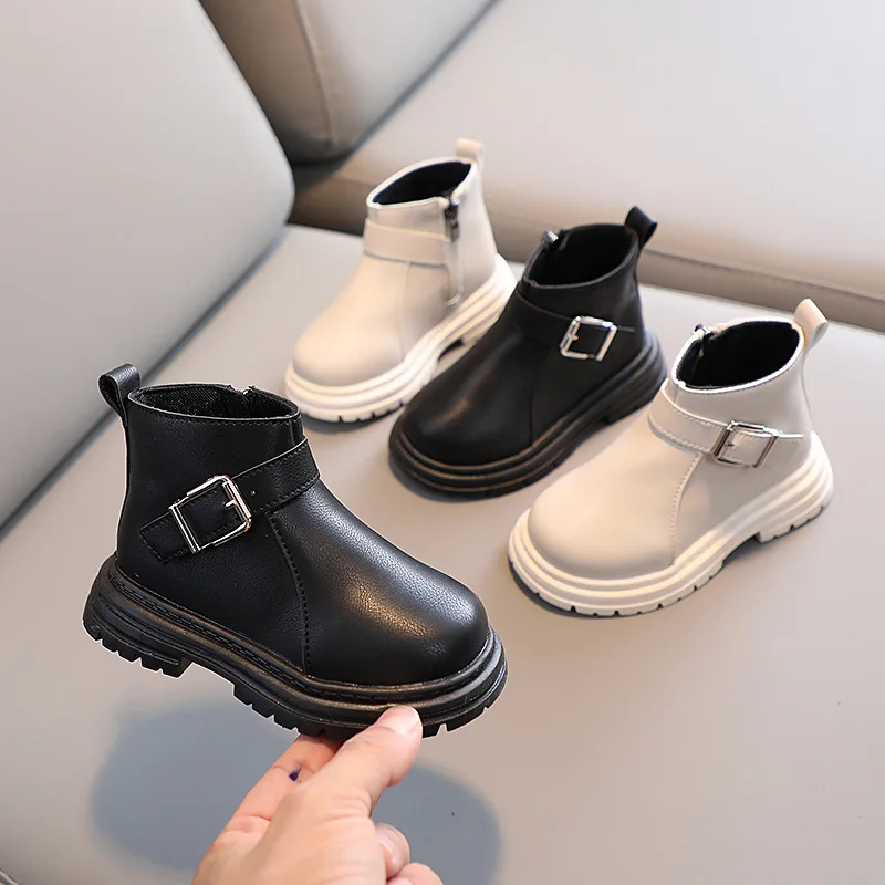 2026 Children Autumn Winter Boots Buckle Platform Toddler Kids Short Boot 21-30 Solid Color Black Beige Matte Boys Girls Shoes