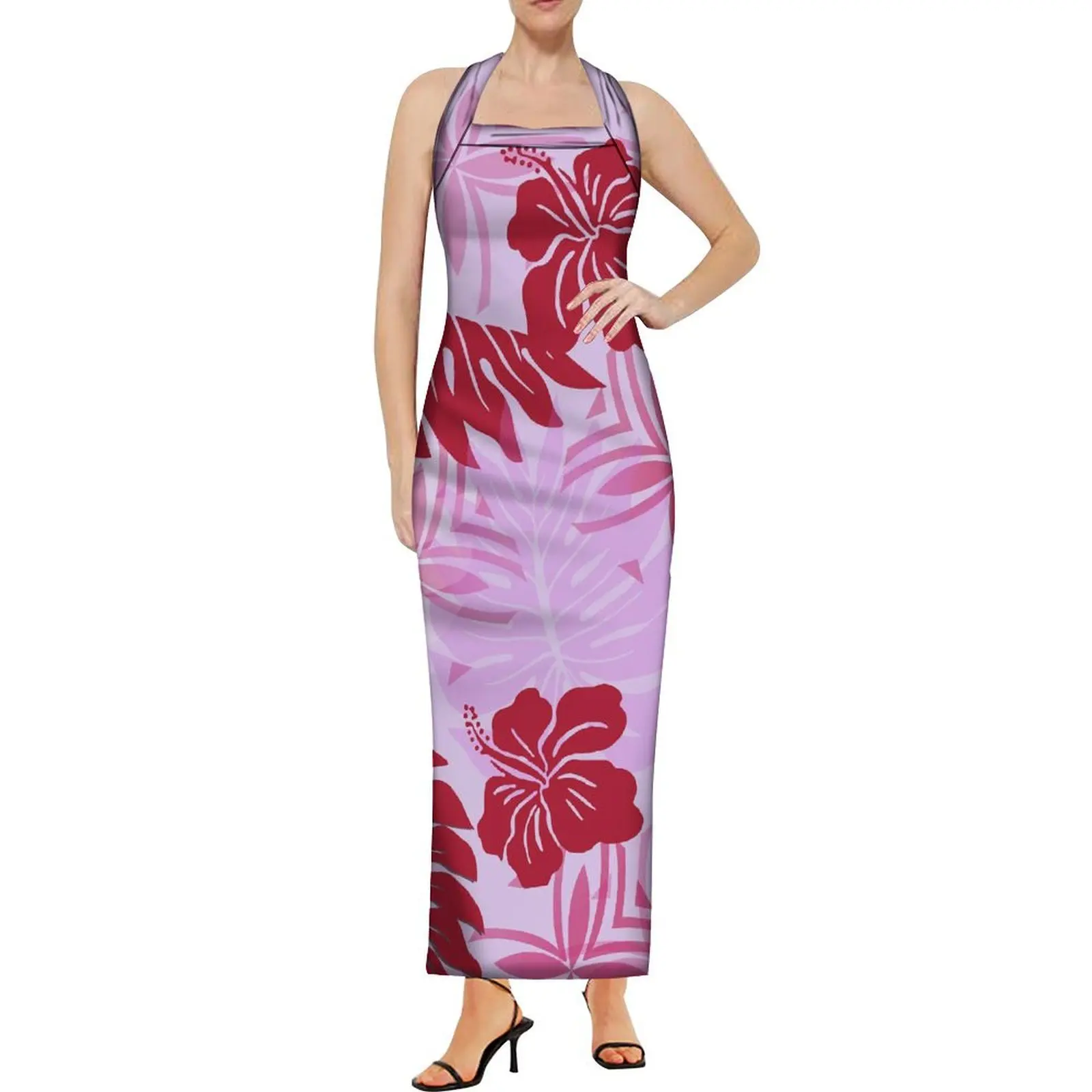 

High Quality Samoa Furong Hd Pattern Women'S Dress Polynesian Ethnic Style Print Sheath Halter Dress Custom Art Floral Print