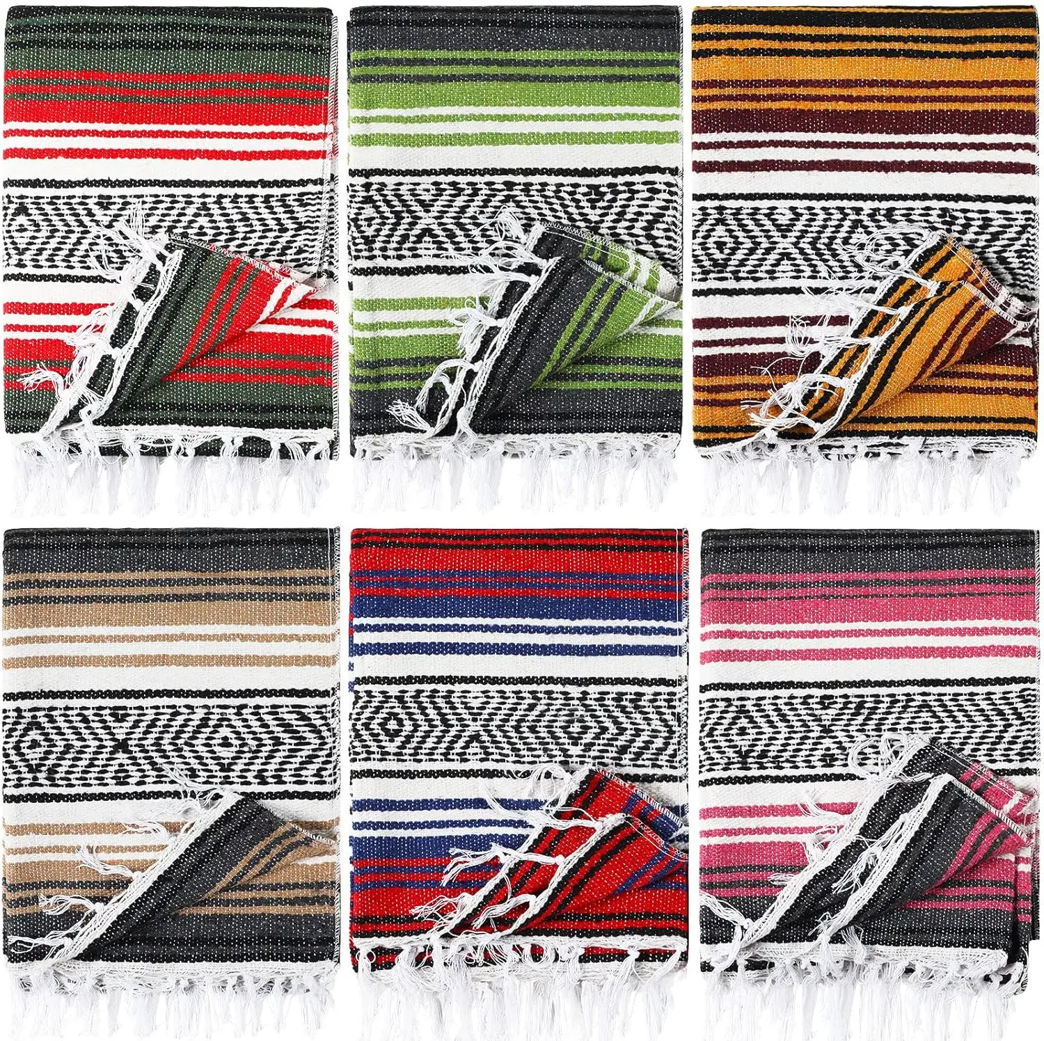 

6 Pcs Colorful Striped Mexican Serape Blankets for Outdoor Camping Beach Picnic Home Decor