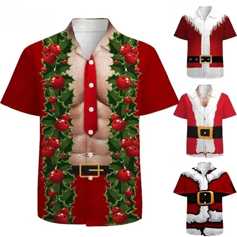 

New Men Casual Christmas Shirt Hairy Christmas Spoof Muscle Cosplay Santa Claus Gift Print Shirt Short Sleeve Lapel Button Shirt