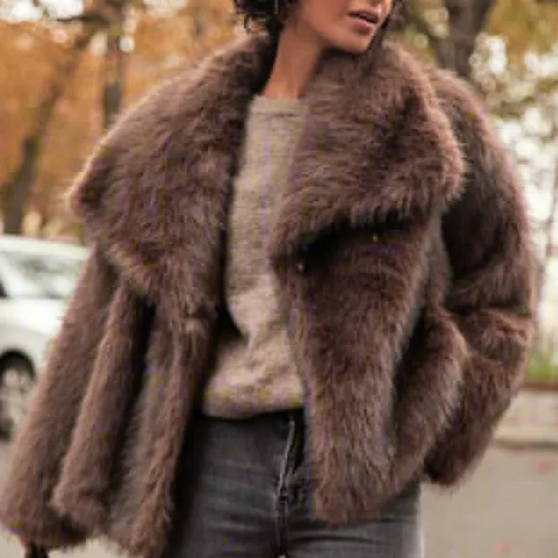 2025 레트로 인조 모피 턴다운 칼라 두꺼운 따뜻한 재킷 코트 가을 겨울 퍼 플러피 커피 솔리드 컬러 숏 재킷 아우터웨어
