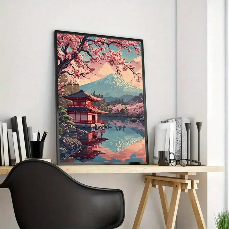 Japanse uitzicht canvas print poster zwaardvechter silhouet landschap van unieke berg perfect cadeau voor kunstliefhebbers home decor ingelijst