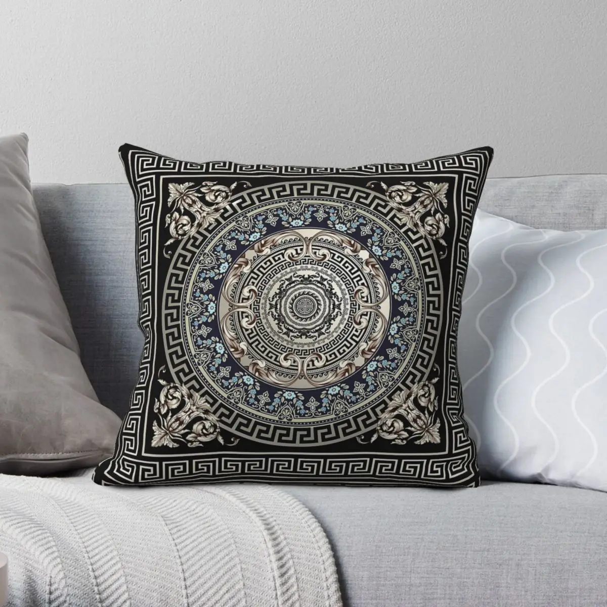 Blue Black Ornate Baroque Pillowcase Polyester Linen Velvet Printed Zip Decor Pillow Case Sofa Seater Cushion Cover