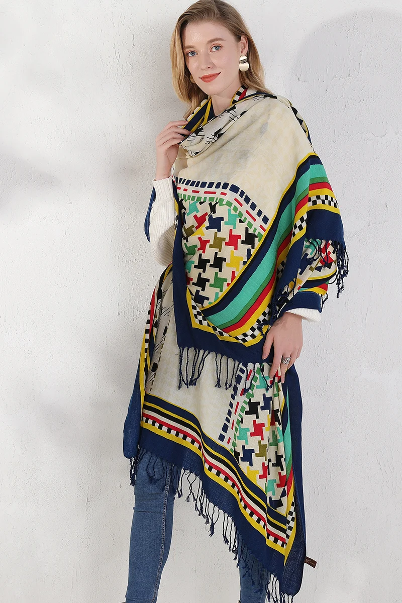DANA XU 100% Wool Scarf for Women Oversized Geometric Print Shawl Warm Soft Tassel Pashmina Wrap Winter Travel Elegant Gift Boho