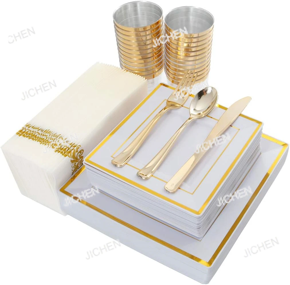 

25Guest 175 Piece Gold Dinnerware Set Square Plastic Plates 25 Gold Plastic Silverware Plastic Cups Paper Napkins Dinnerware Set