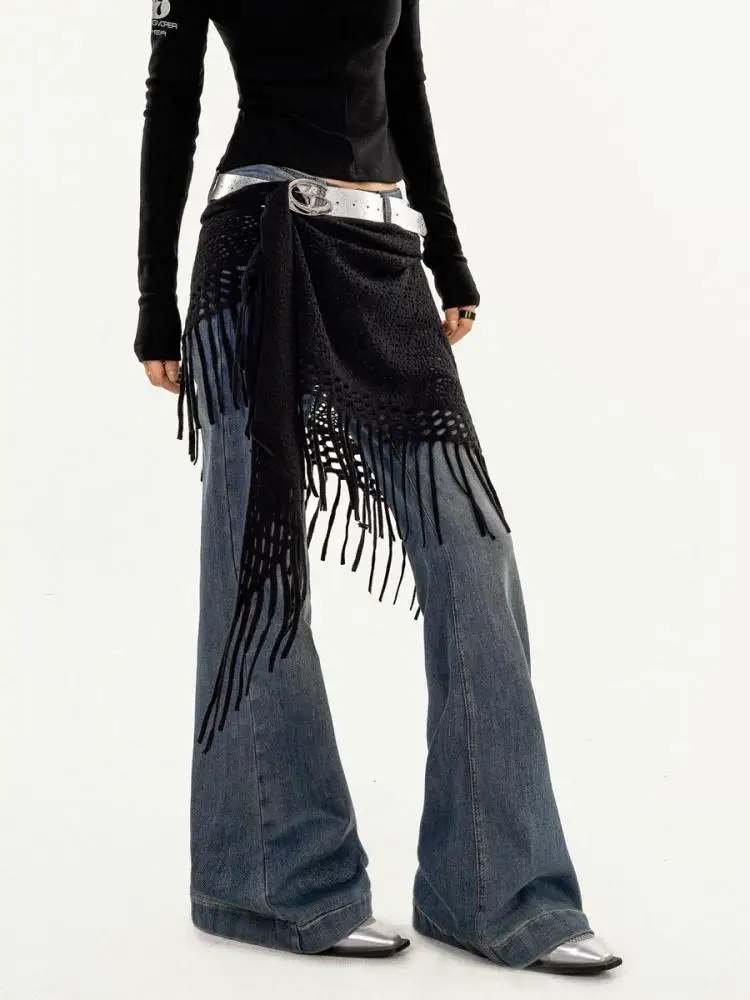 Yedinas Multifunctional Apron Skirt Women Hollow Out Match Jeans Tassel Mini Kintted All Season Fashion Trend Gothic Vintage Y2k