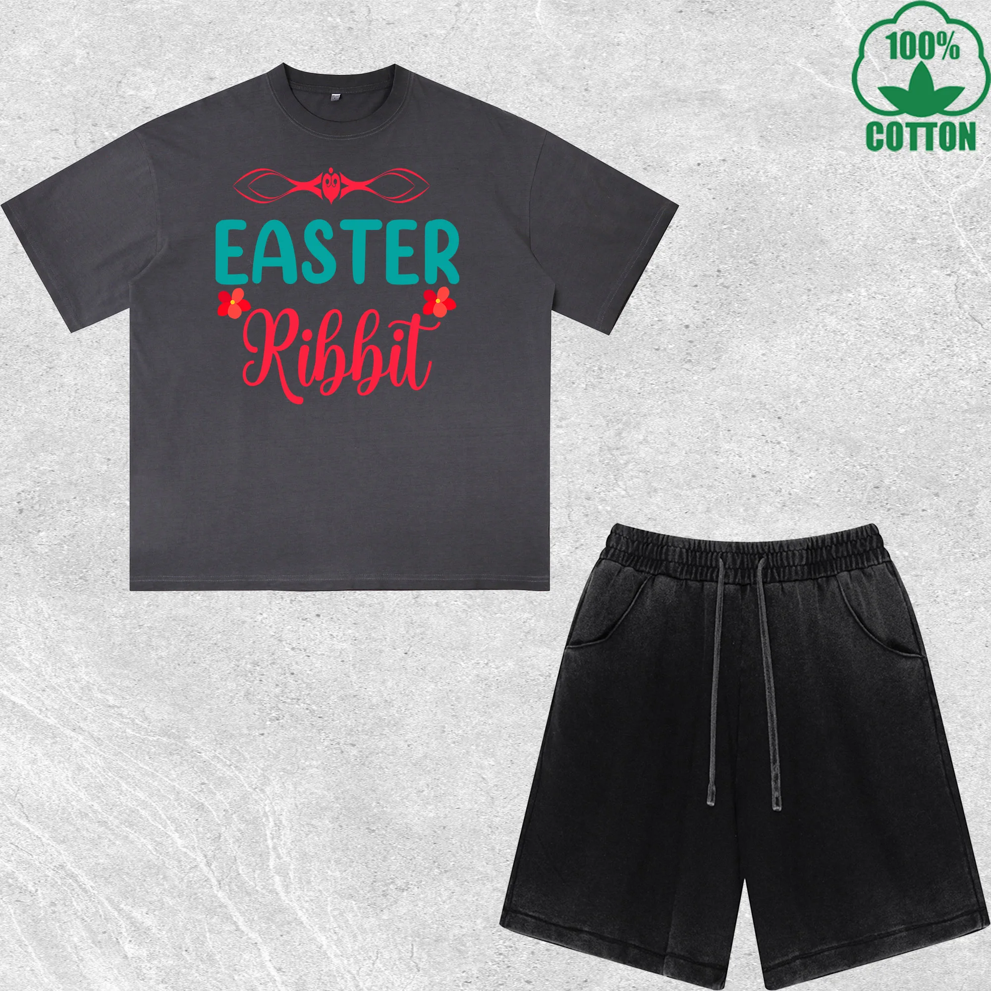 

Easter Rabbit Printed Dirty Wash T-Shirt Shorts Set Multicolor Combo Loose Trendy Fashionable 100%Cotton Short Value Pack