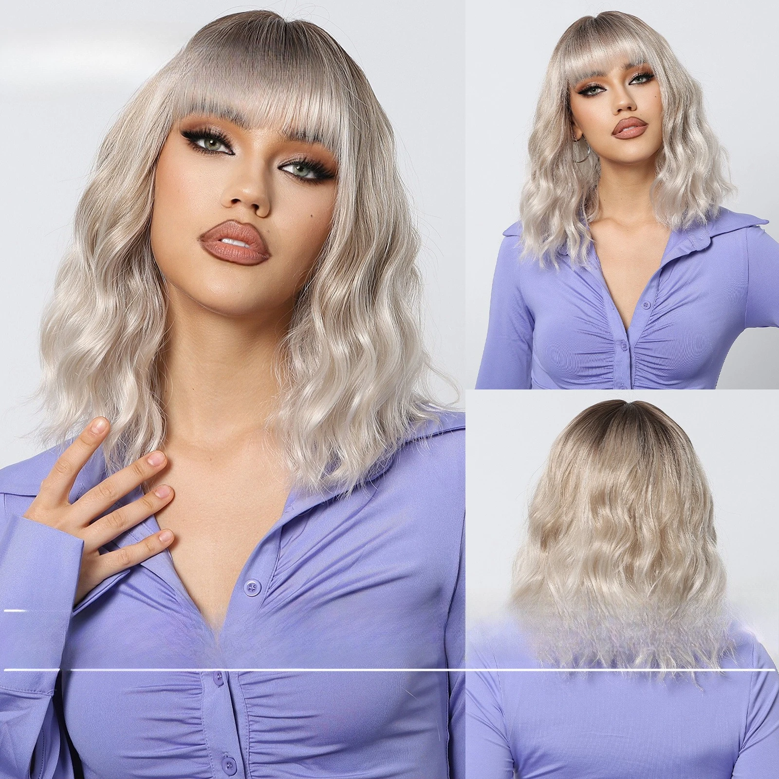 

Europe and the United States gradually change platinum, Qi bangs short curly hair, wool curls natural level lazy wig full hair
