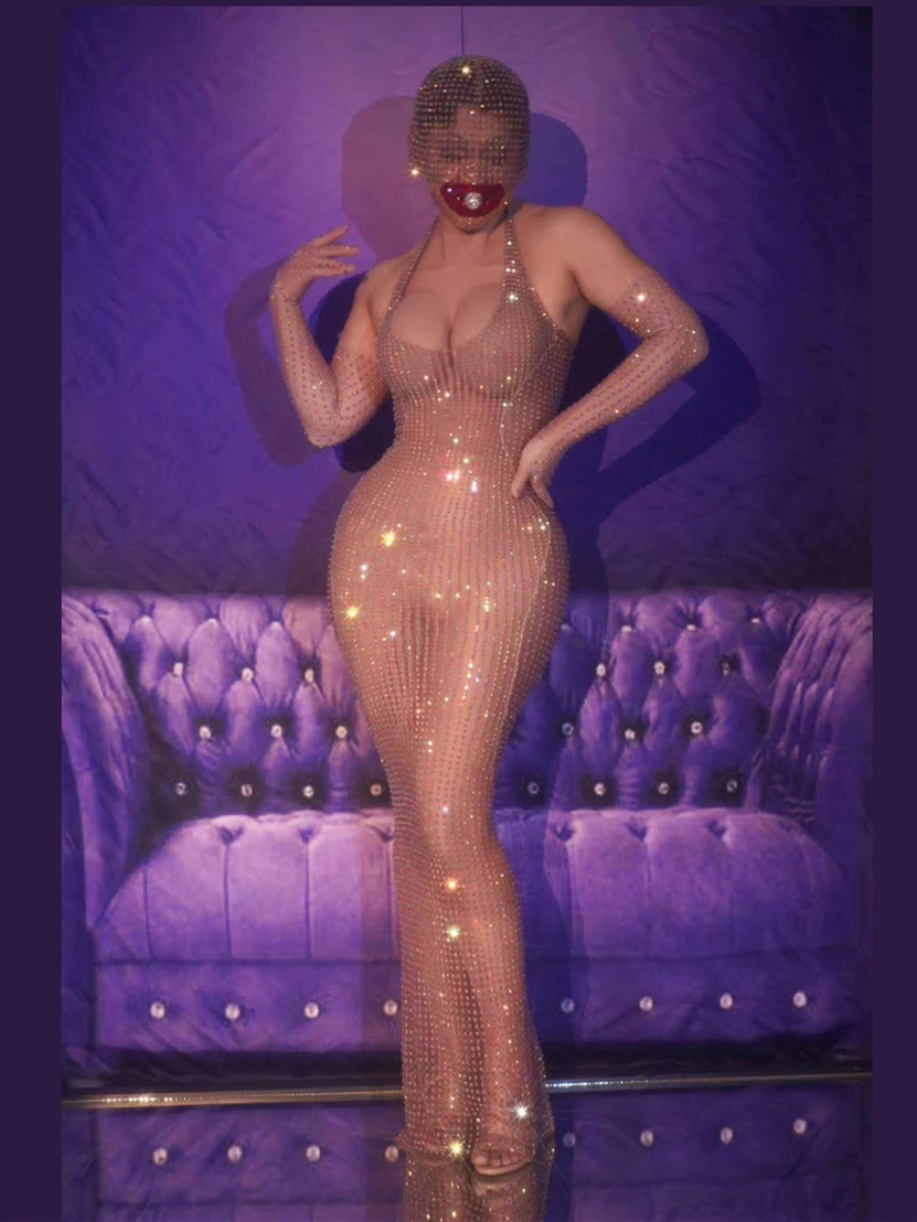 Nude Sexy Glänzende Pailletten Strass Ärmellose Perspektive Frauen Kleid Abend Party Club Nachtclub Bar Tuch Bühne Kostüm