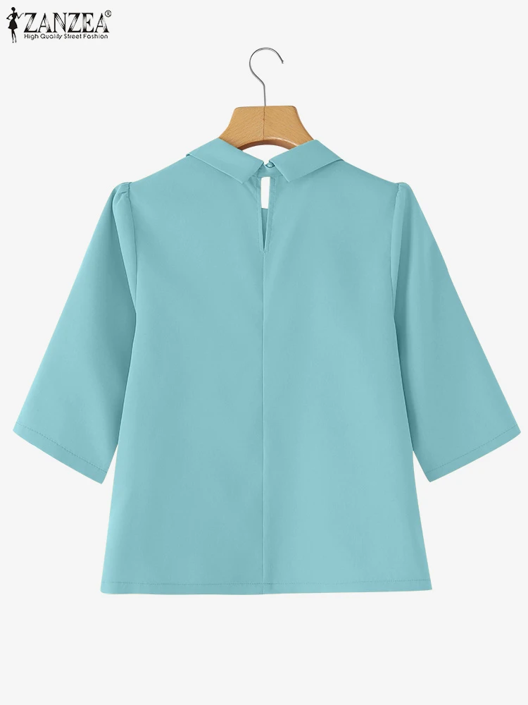 ZANZEA بلوزات بمقاسات كبيرة للنساء موضة خريف 2025 3/4 كم قمصان متينة غير رسمية فضفاضة ذات طية صدر السترة Blusas Femininas ربطة القوس فيونكة 5XL #2