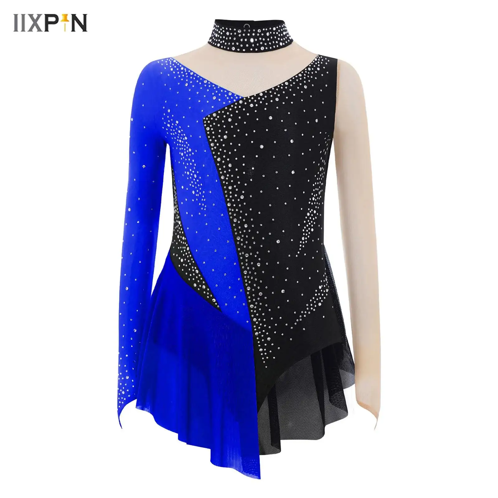 

Kids Girls Rhythmic Gymnastics Leotard Sparkly Rhinestone Sheer Mesh Patchwork Long Sleeve Bodysuit Figure Skating Dance Dress