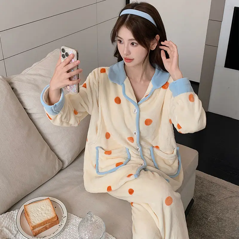 Women Confinement Clothing Winter Thickened Fleece-lined Postpartum Nursing Nightclothes Female Coral Velvet Warm Loungewear