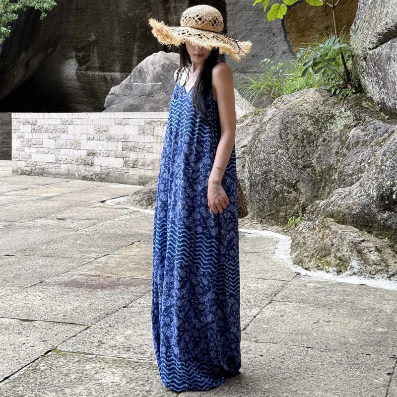 

Летнее ночное платье для женщин с принтом, тонкие бретели, длинное платье, подходящее для пляжа и отпуска, хлопковое шелковое платье