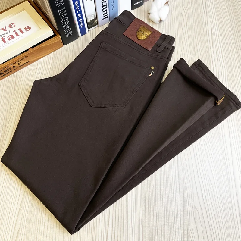 Coffee colored jeans for men simple and fashionable high-end slim fit small feet casual trend light luxury business pants