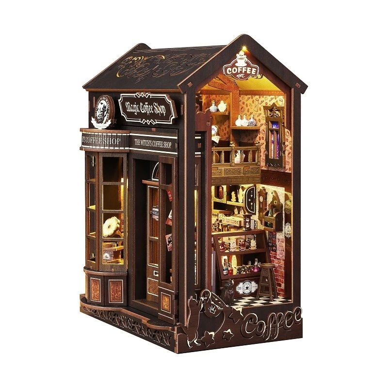 Diy livro nook prateleira inserir kits magia café estante de madeira modelo em miniatura kit artesanal estante para amigo presente aniversário