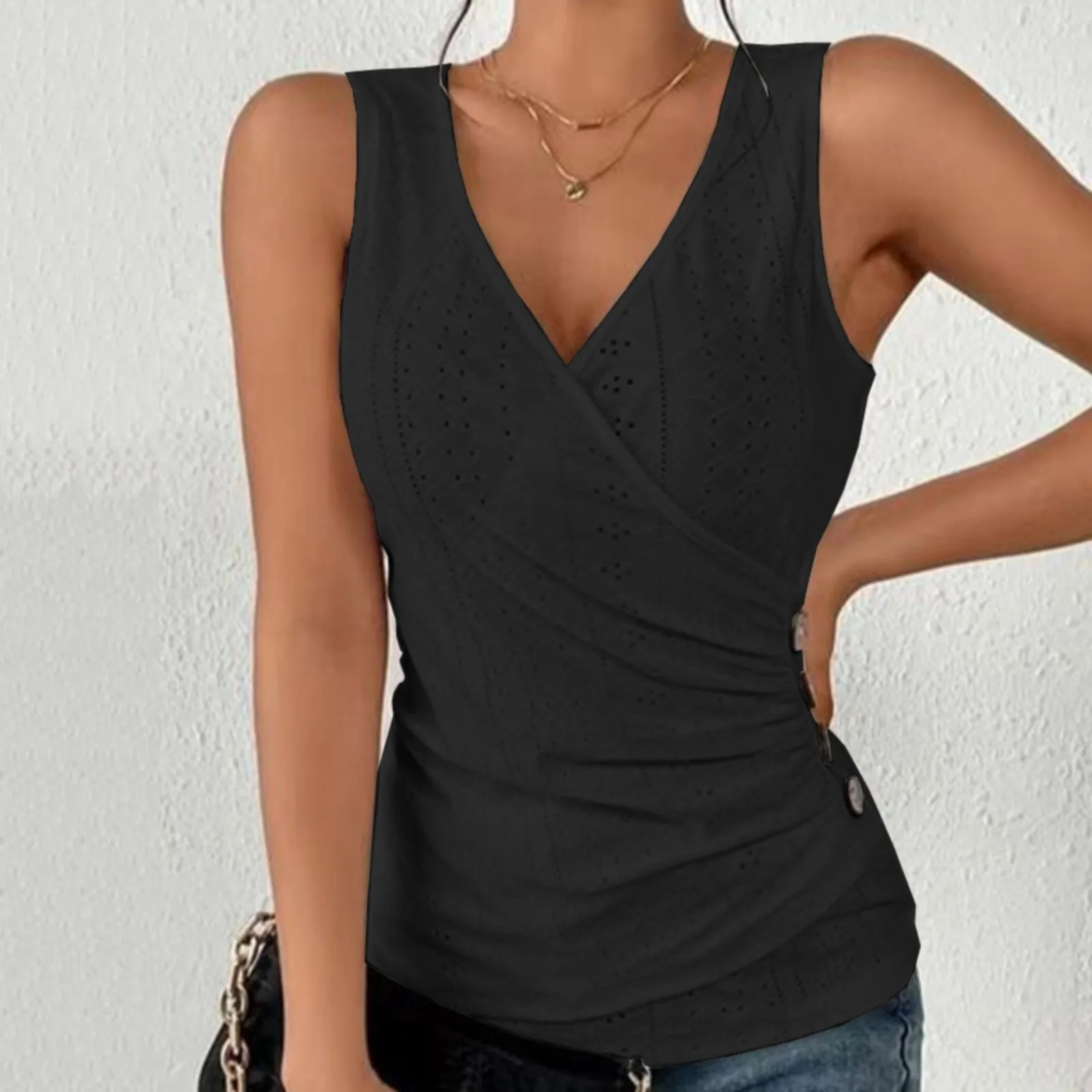 

Fashion Women Slim Blouses Autumn Vest Sleeveless Solid Color Cross V-Neck Button Shirts Female Casual Pullover Ladies Tank Tops