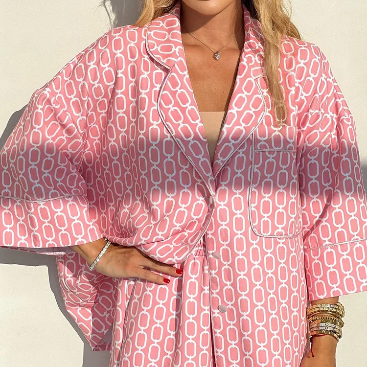 Best-Selling Cross-Border Women's Casual Fashion Shirt With A Turn-Down Collar, Three-Quarter Sleeves Top And Loose Shorts,