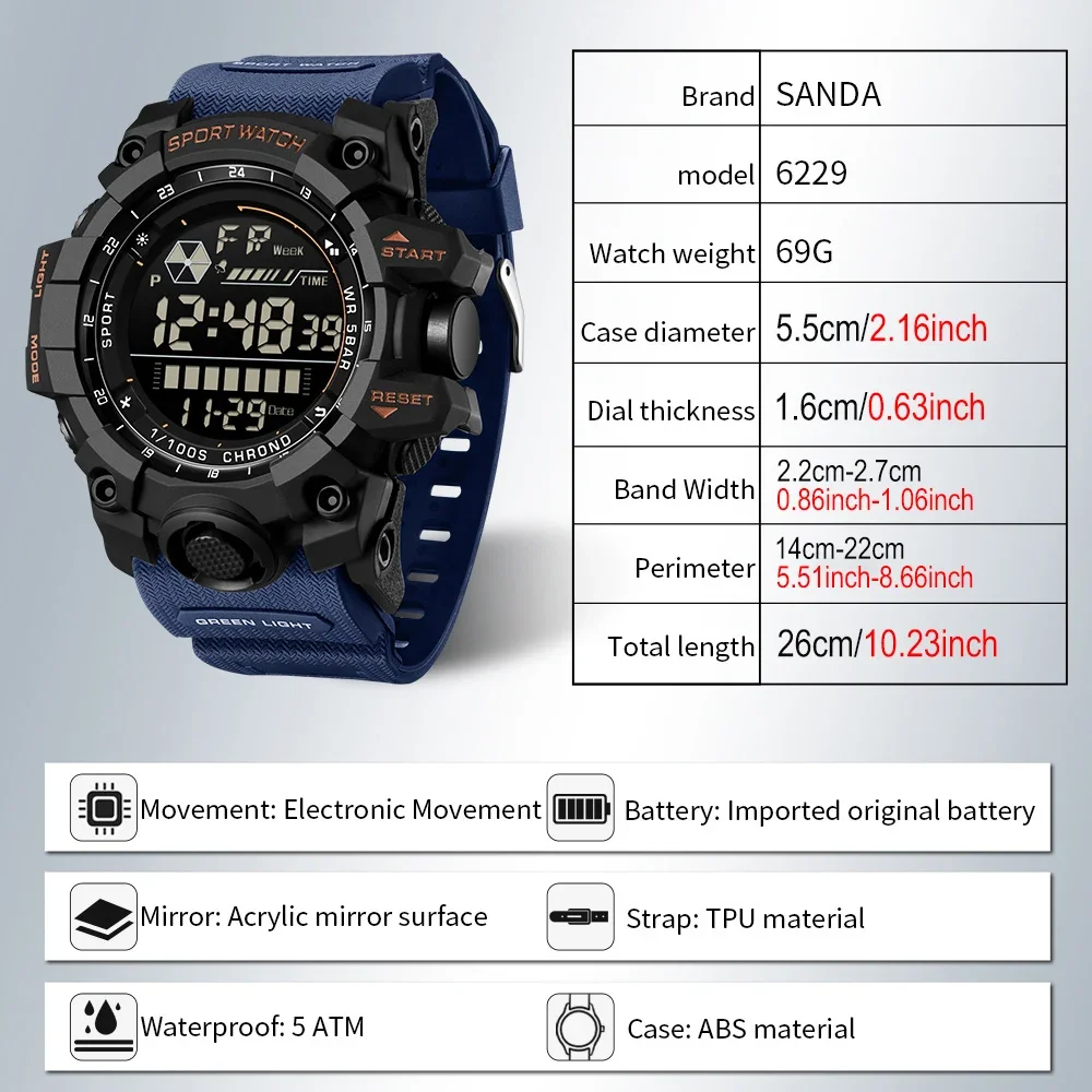 SANDA 6229 ساعة رقمية عسكرية رياضية نمط LED ساعات المعصم 50 متر مقاوم للماء الضوء الخلفي ساعة توقيت للرجال