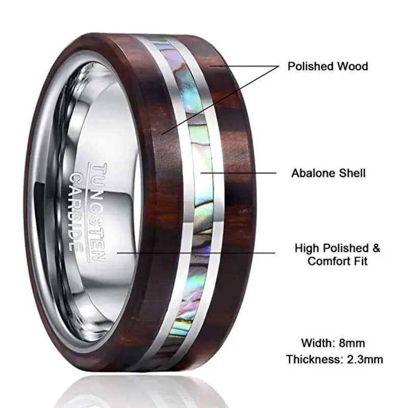 BONLAVIE Men\'s Engrave Name Rings 8MM Ebony Wood Grain Natural Abalone Shell Tungsten Steel Ring Wedding Band Boyfriend\'s Gift