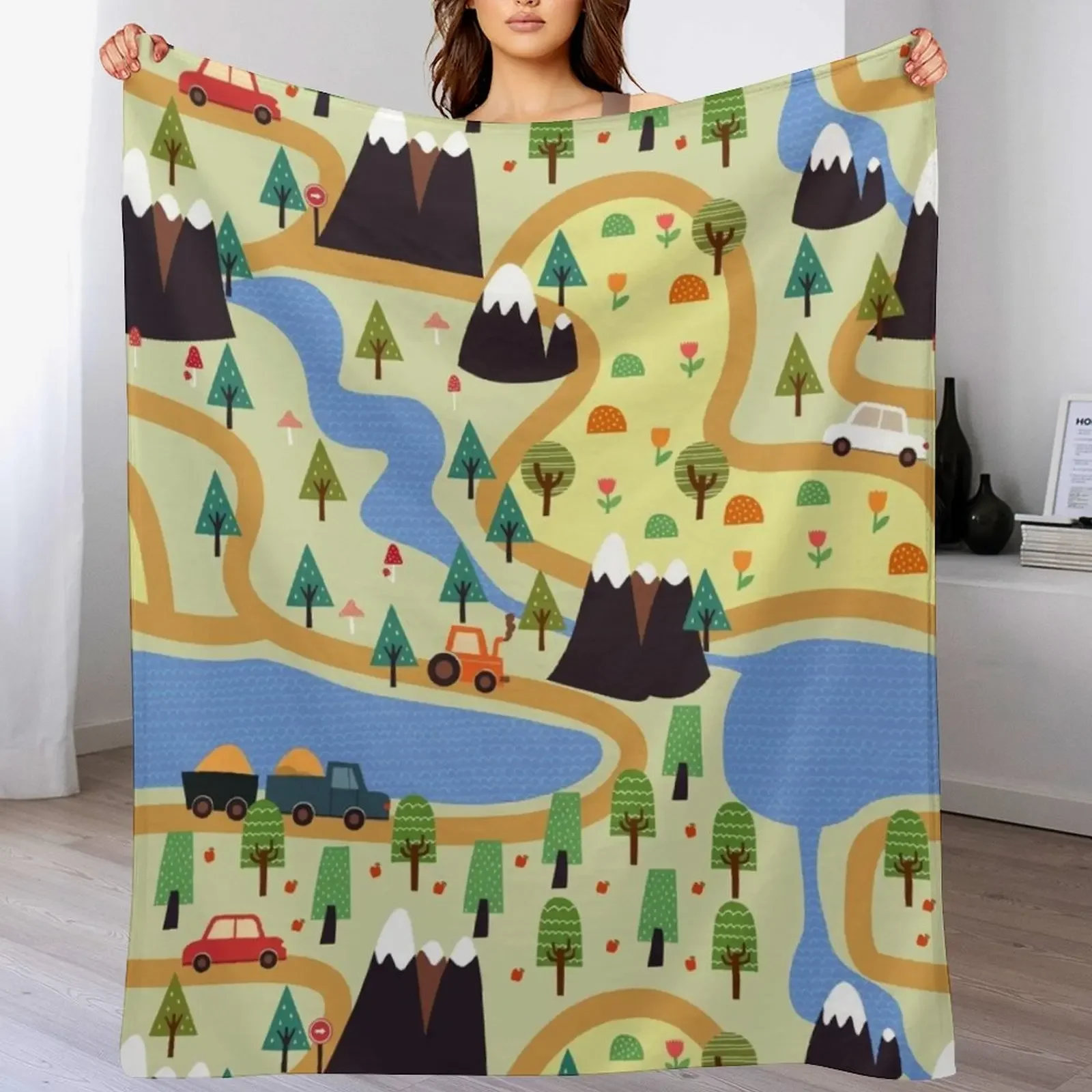 kids seamless, all over road print with cars, trees, trainsplaymat Throw Blanket decorative valentine gift ideas Blankets