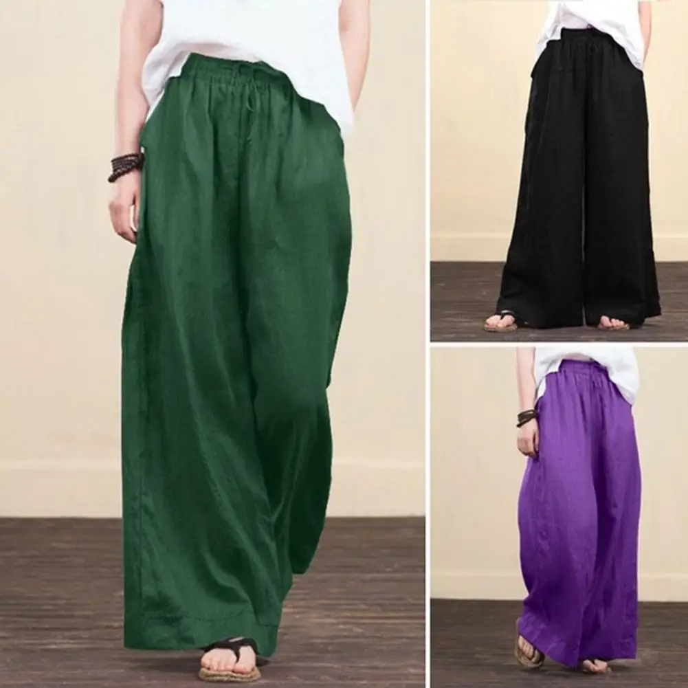 New Vintage Linen Elastic Waist Wide Leg Pants Women Long Trousers Summer Solid Color Casual Loose Pants Female Boho Clothes