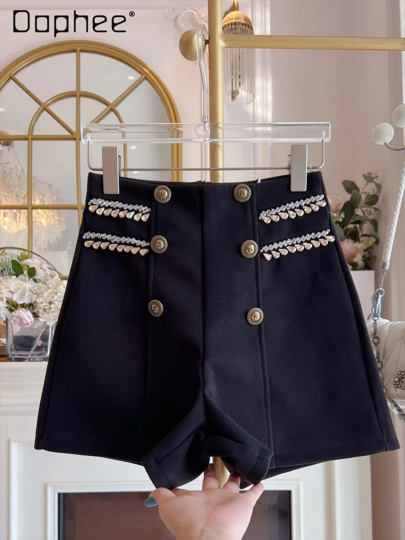 

French Elegant Socialite Woolen High-Waisted Slim Shorts for Women Autumn Winter Graceful Double-Breasted Beaded A-Line Shorts