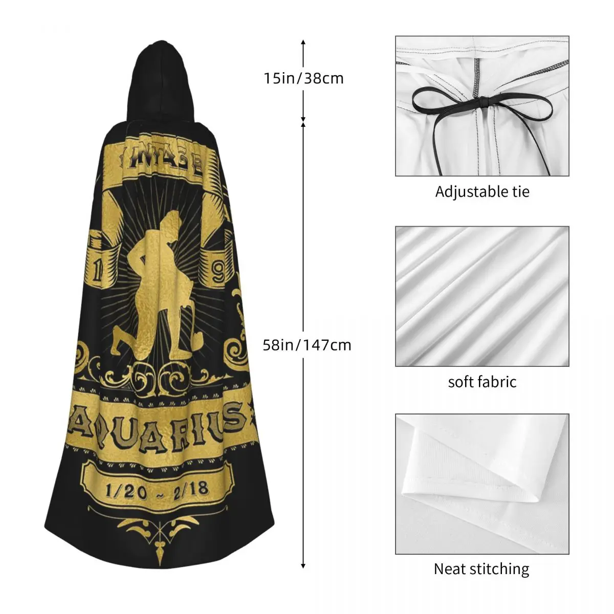 علامة زودياك الدلو الذهبي 1996 عباءة طويلة مقنعين الساحرة القرون الوسطى زي تأثيري كيب هالوين معطف الكبار للجنسين #2