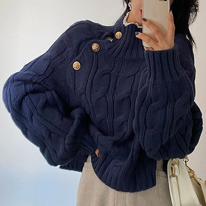 Autumn and Winter Loose Pullovers Sweater Women Asymmetrical Button Korean Sweater Half-Off-Shoulder Split Knit Sweaters 24133