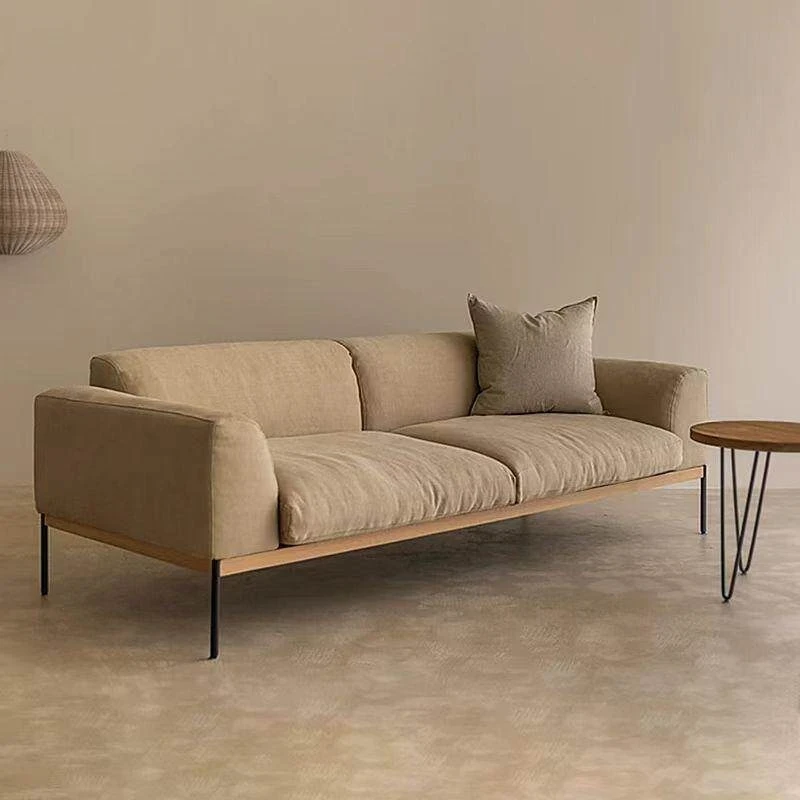 Minimalist solid wood cotton and linen fabric sofa retro small apartment living room straight row sofa