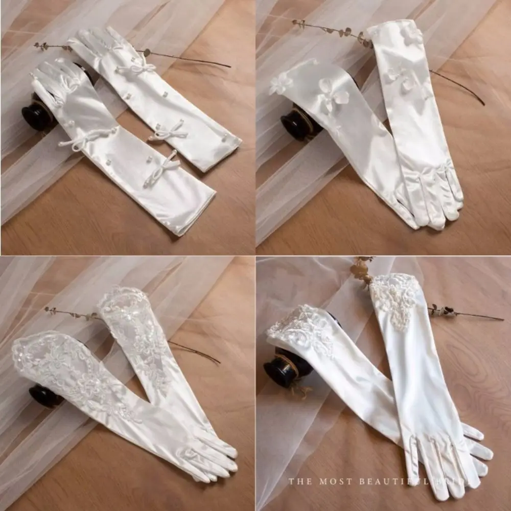 Elegant Lace ซาตินถุงมือเจ้าสาวความยาวข้อศอกงานแต่งงาน Christmals Party ถุงมือลูกไม้สีขาวถุงมืองานแต่งงาน