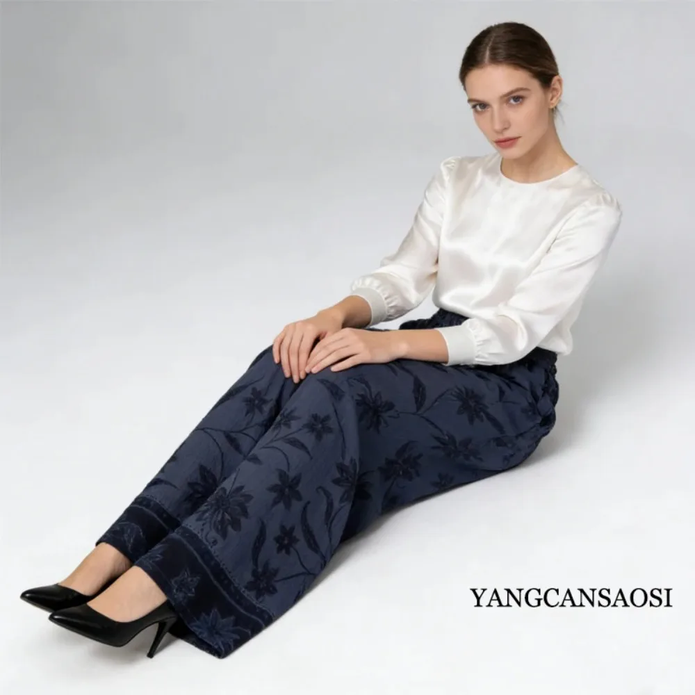 100% Mulberry Silk Trousers, Women's Bark Wrinkled Navy Blue Large Flower Pants, Elastic Waist Double Pockets, 2026 Spring New
