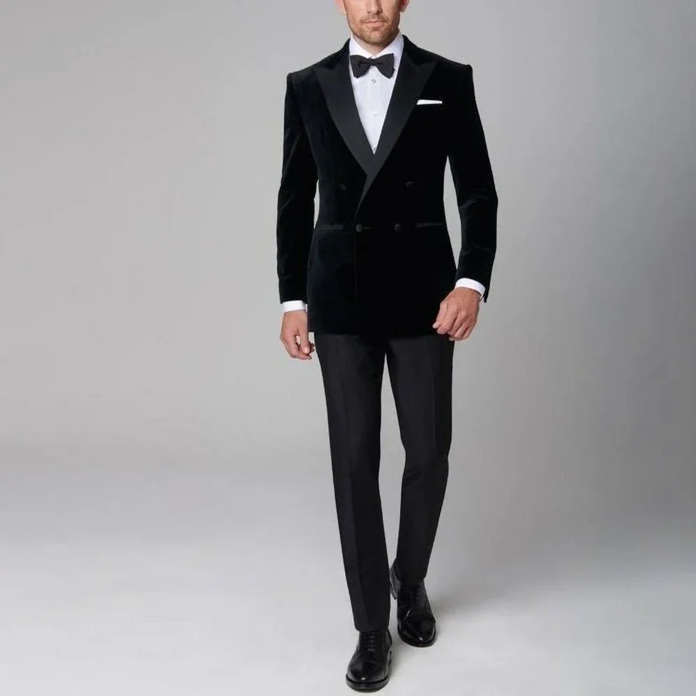 

Black Velvet Male Suits Fashion Peak Lapel Double Breasted Outfits Casual Wedding Groom Tuxedo 2 Piece Suit Blazer with Pants